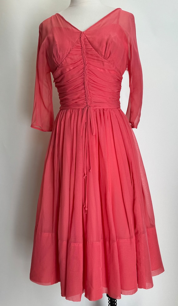 Vintage 1950’s Coral Chiffon Fit and Flare Dress - image 1