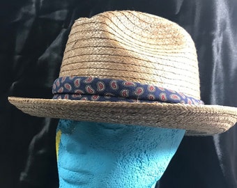 Vintage Braided Straw Light Brown Panama Hat with Hat Box