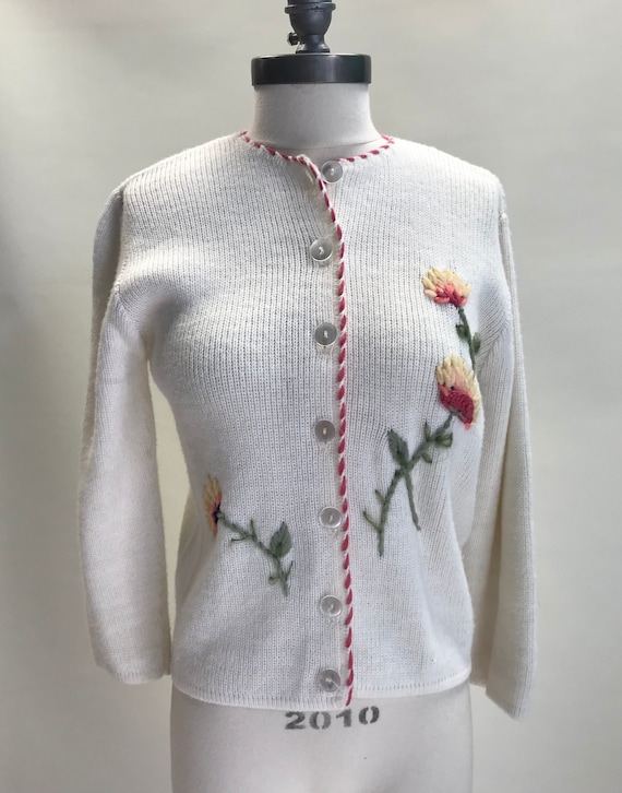 Vintage 1960's Cardigan Sweater w/ Floral Embroida