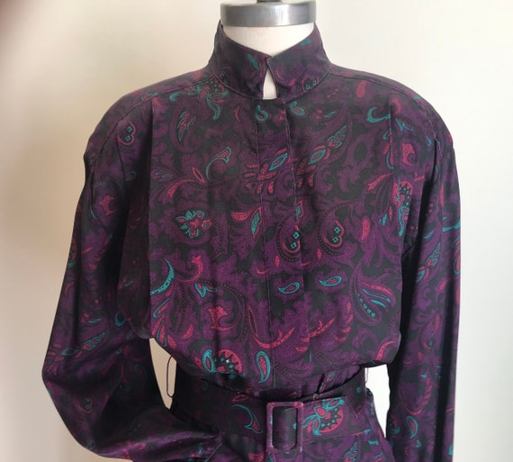 Vintage 1980’s Purple Paisley Mid Calf Dress with… - image 2