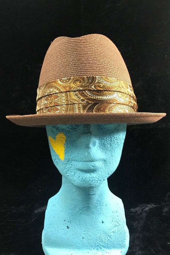 Vintage Braided Brown Straw Panama Hat with Paisl… - image 2