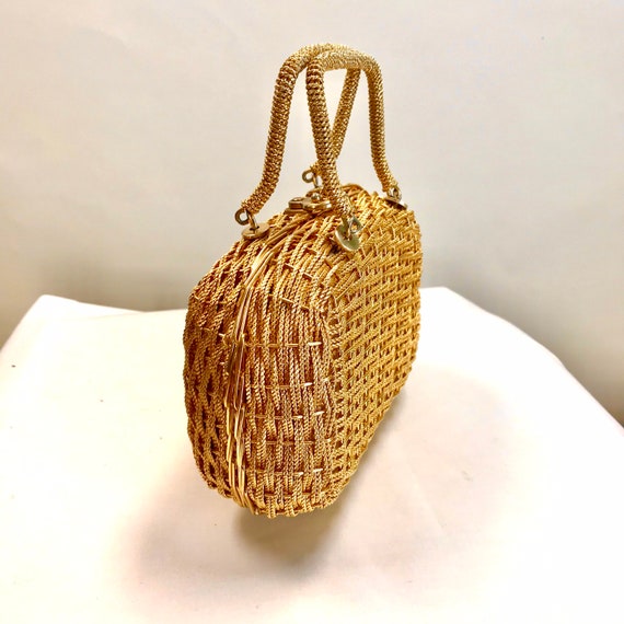 Vintage Gold Wicker purse//Metallic Gold Basket E… - image 3