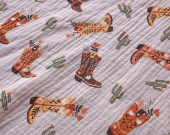 Cowgirl laarzen stof door 0,5 yard dubbele gaas mousseline stof westerse print stof voor quilten kinderkamer stof meisjes stof voor babykleding