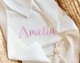 Personalized waffle blanket baby girl Muslin blanket with name Embroidered newborn blanket Personalized gift for baby girl Baby shower gift