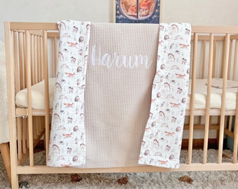 Woodland baby blanket Personalized boy Baby waffle blanket Embroidered muslin baby swaddle blanket with Name crib blanket girl Baby gift