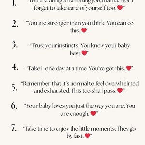May include: A list of eight quotes for embroidery, each with a red heart symbol. The quotes are about motherhood, self-care, and encouragement.