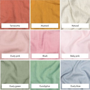 May include: Nine fabric swatches in various colors, including terracotta, mustard, natural, dusty pink, blush, baby pink, dusty green, eucalyptus, and dusty blue. Each swatch has a white label with the color name.