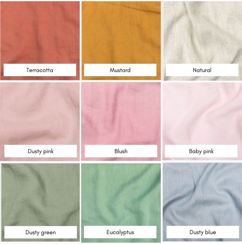 May include: Nine fabric swatches in various colors, including terracotta, mustard, natural, dusty pink, blush, baby pink, dusty green, eucalyptus, and dusty blue. Each swatch has a white label with the color name.