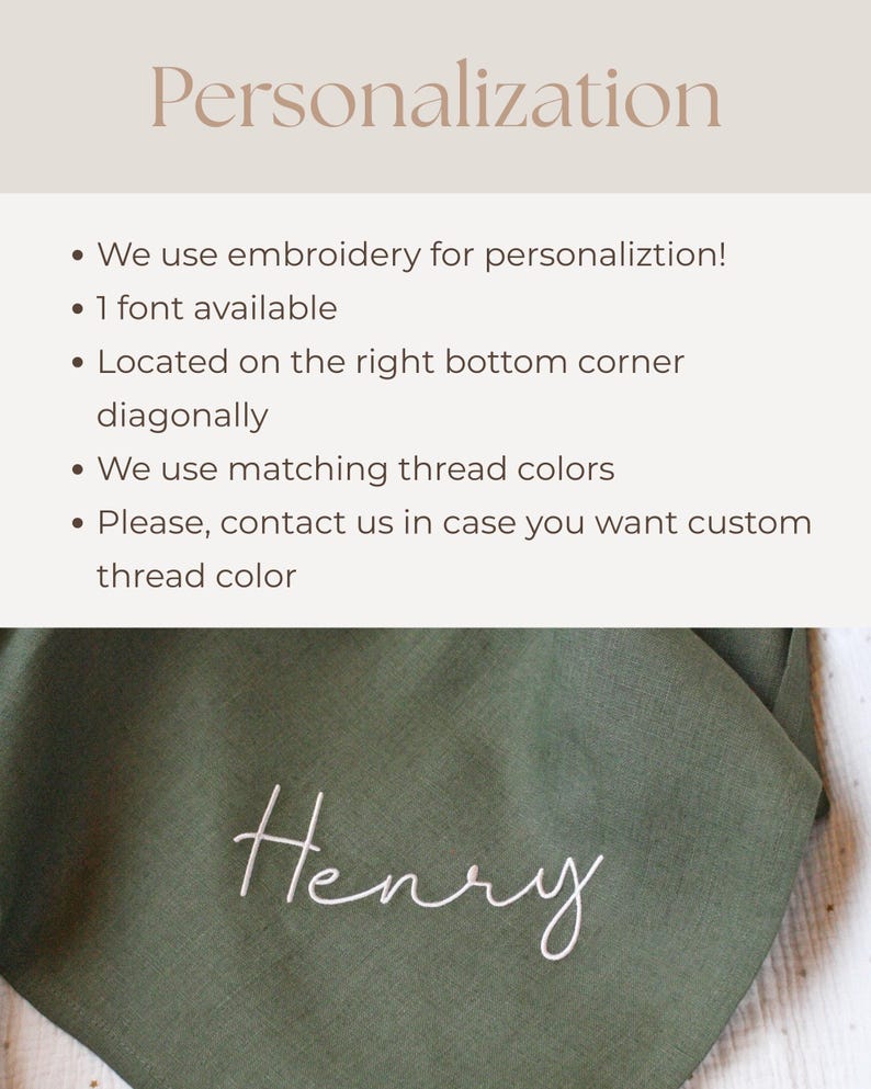 May include: An olive green fabric with the name "Henry" embroidered in white cursive script. The image also includes text about personalization, including embroidery, font availability, and thread colors.