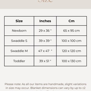 May include: A size chart for baby blankets, with measurements in inches and centimeters. Sizes include Newborn (29 x 36 inches), Swaddle S (39 x 39 inches), Swaddle M (47 x 47 inches), and Toddler (39 x 51 inches).