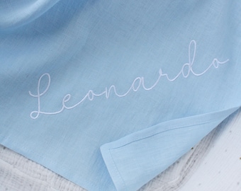 Linen baby blanket Personalized linen swaddle Custom name baby wrap Monogrammed receiving blanket Newborn gift Baby shower keepsake gift