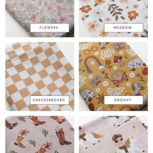 May include: Five different fabric swatches with various patterns. The swatches are labeled "Flowers", "Meadow", "Checkerboard", "Groovy", and "Cowboy Boots".