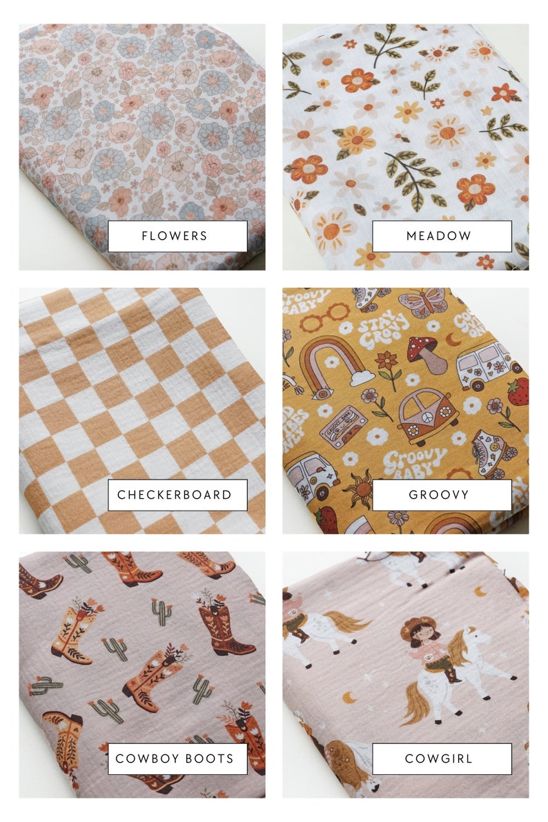 May include: Five different fabric swatches with various patterns. The swatches are labeled "Flowers", "Meadow", "Checkerboard", "Groovy", and "Cowboy Boots".