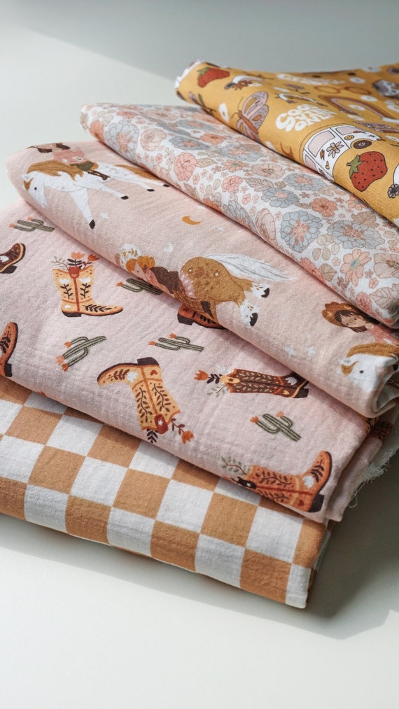 Cotton fabric for baby blanket Fabric for kids Muslin fabric by 0.5 yard Double gauze fabric with cowboy boots fabric Printed gauze fabric