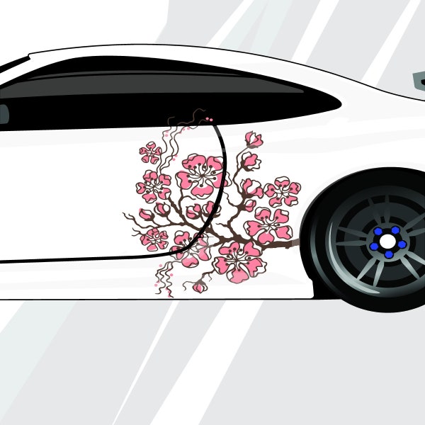 Pop Art Soft Pink Cherry Blossoms Black Branches Professional Quality UV Laminated Car Wrap Decal 2 Piece Mirrored Set FREE SHIPPING