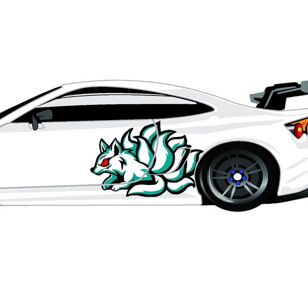 White or Deep Red Nine Tailed Fox Japanese Kitsune UV Professional Quality Laminated Car Wrap Decal 2 Piece Mirrored Set