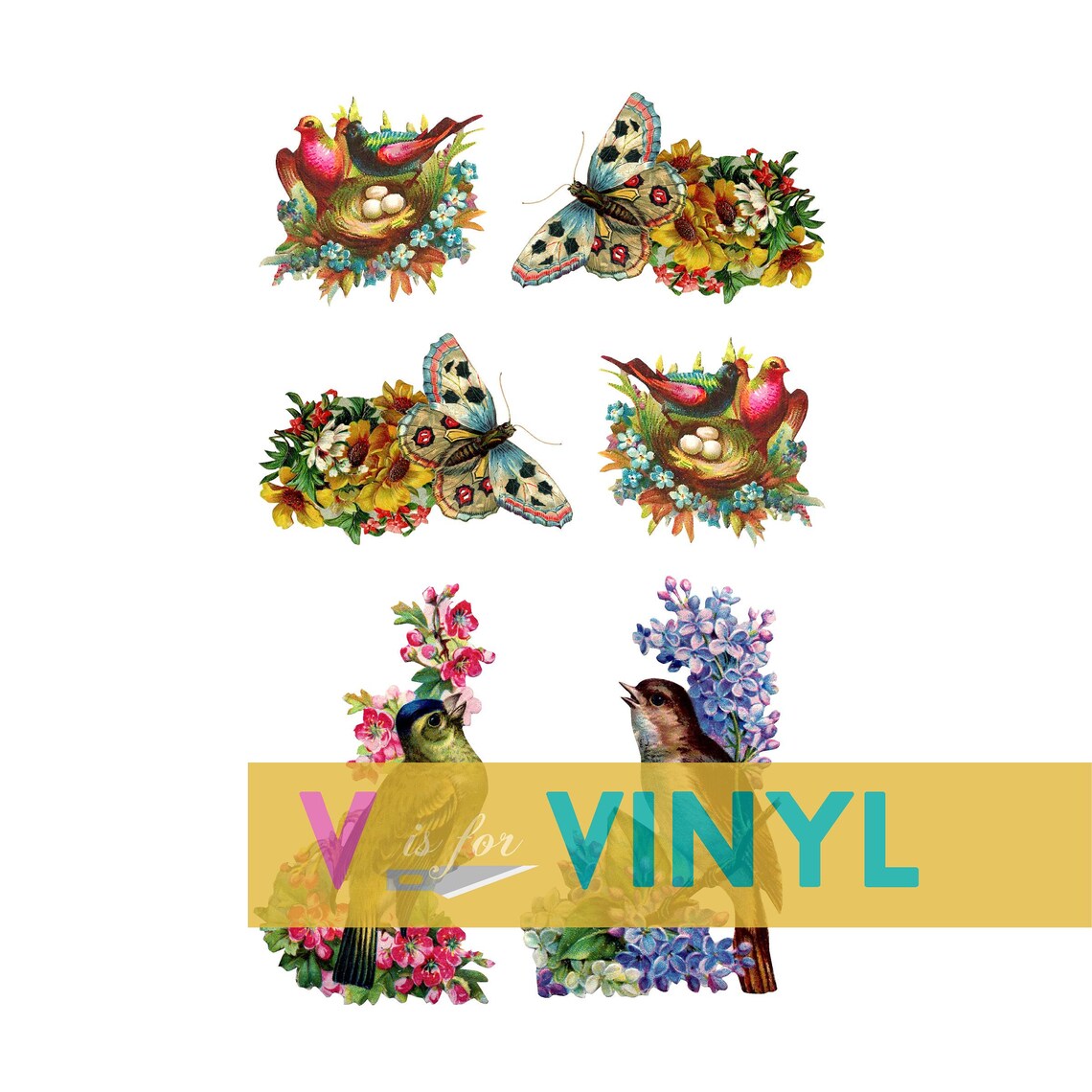 Vintage Birds and Butterfly Flower Garden Decal Set for Large Etsy
