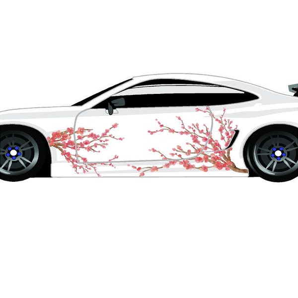 Pink or Red Watercolor Sakura Cherry Blossom  UV Professional Quality Laminated Car Wrap Decal 2/4 Piece Mirrored Set FREE SHIPPING