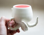 Octopus clay coffee mug with tentacles. White and pink weird pottery wine goblet. Animal designer whiskey shot glass. Alien studio ceramics