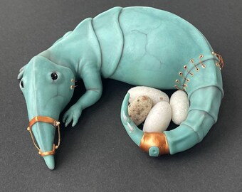 Strange ooak creepy alien doll with eggs, fantastic imaginary dragon like beast polymer clay weird geek sculpture, oddities home decor