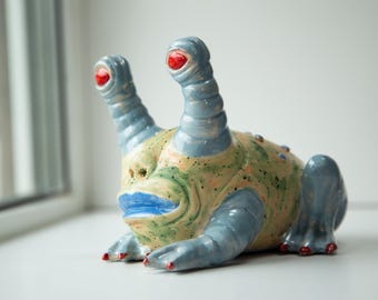 OOAK Ceramic Toad Statue: Multicolor Glaze, Weird Home Decor