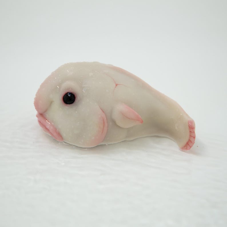 May include: A small, white, ceramic sculpture of a blobfish. The sculpture is about 3 inches long and has a realistic, detailed design.