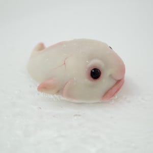 May include: A white blobfish toy with a pink mouth and black eyes. The toy is made of a soft, squishy material and is sitting on a white surface.