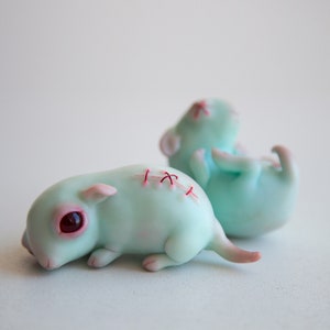 Turquoise weird sculpture of cute sad minnie mouse, anime miniature mice strange ooak cool handmade stuff