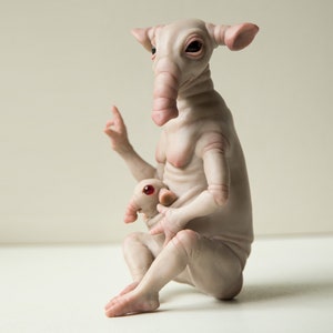 Pregnant elephant mommy statue with baby elephant, alien lifeform doll fantasy sculpture, gift for woman or gender reveal idea