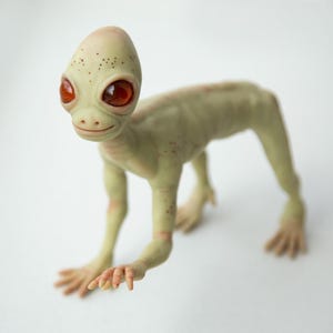 Dover Demon of Massachusets, creepy cute and sad MA cryptid creature, weird sculpture miniature, alien humanoid monster from urban legend