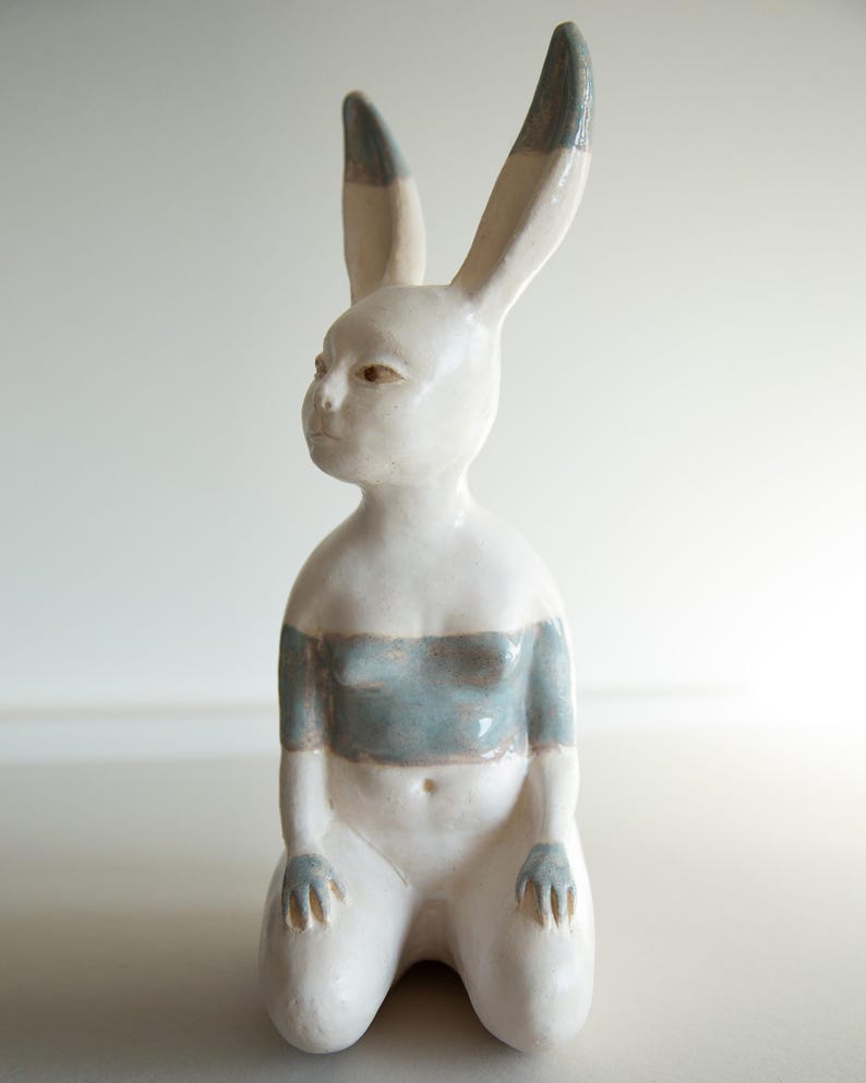 White Rabbit Torso Ceramic Statue of Hare Bodypositive Girl, Whimsical Guitar Body Rabbit ...