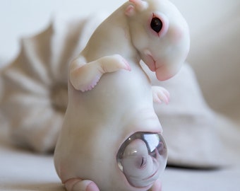 Weird albino Tapir animal sculpture, im pregnant alien with baby embryo - ooak creepy cute art toy from our ukranian shop, UFO character