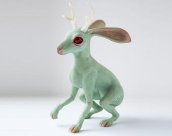 Jackalope Sculpture, Mythical Bunny with Antlers, Cryptid creature from Wyoming, Hybrid Animal Art Doll