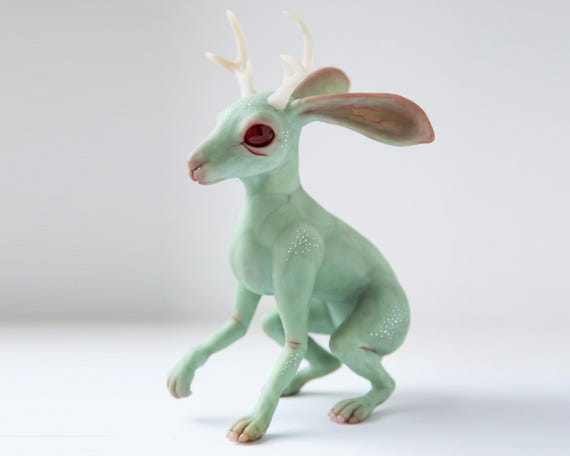 Jackalope Sculpture, Mythical Bunny with Antlers, Cryptid creature from Wyoming, Hybrid Animal Art Doll