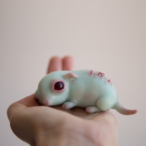 Turquoise weird sculpture of cute sad face minnie mouse, miniature hamster strange ooak creepy doll, mice mouse figurine, dollhouse mouse image 7