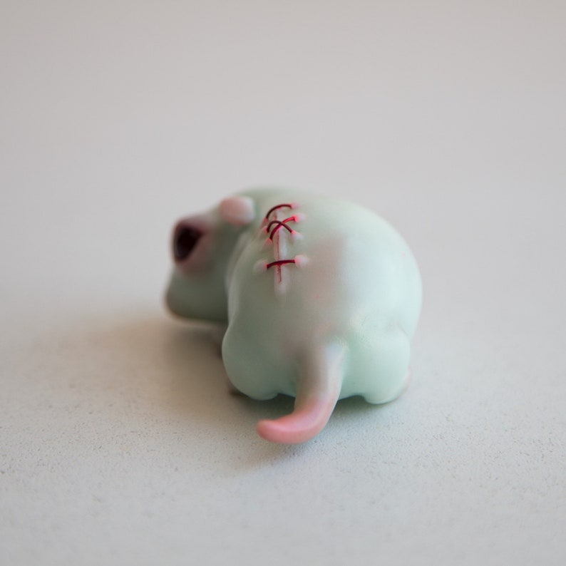 Turquoise weird sculpture of cute sad face minnie mouse, miniature hamster strange ooak creepy doll, mice mouse figurine, dollhouse mouse image 3