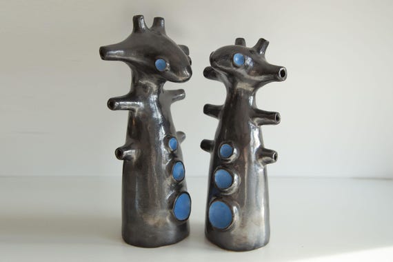 Ceramic abstract sculptures, whimsical decor statues in primitive naive folk art style, gift for couples