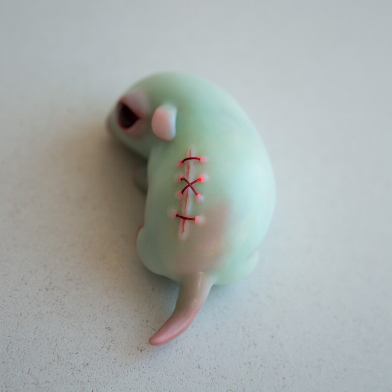 Turquoise weird sculpture of cute sad face minnie mouse, miniature hamster strange ooak creepy doll, mice mouse figurine, dollhouse mouse image 6