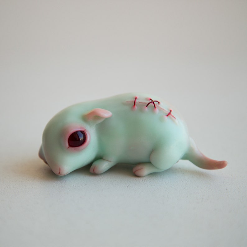 Turquoise weird sculpture of cute sad face minnie mouse, miniature hamster strange ooak creepy doll, mice mouse figurine, dollhouse mouse image 1