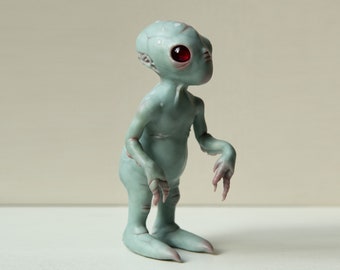 Grey alien baby doll sculpture, ooak artist art doll creature, weird alien geek sculpture, something weird stuff baby alien creepy doll