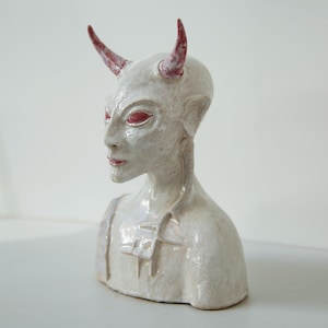 Handmade ceramic and enamel glazed demon girl sculpture bust with horns, original artisan art work