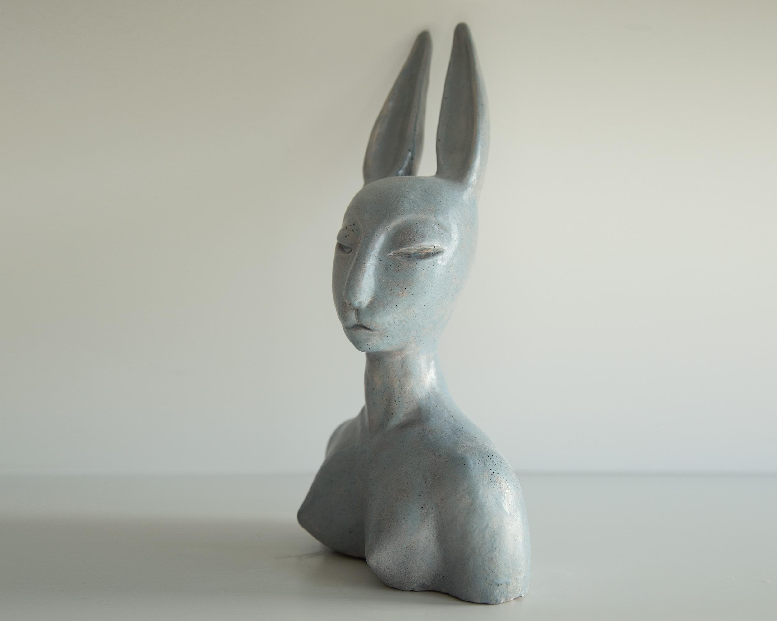 Handmade Ceramic Hare Woman Bust Sculpture, Light Gray Modern Art