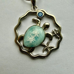 Ciondolo a forma di tartaruga in larimar – Vero fiocco di neve, argento sterling, catena da 45 cm
