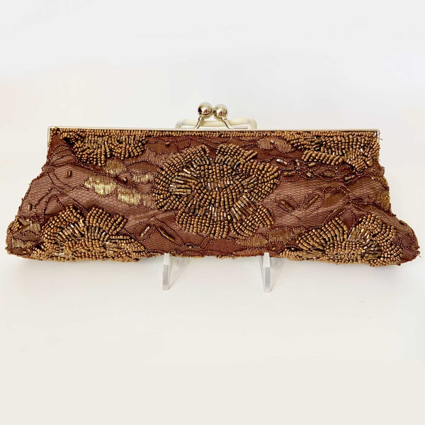 Chocolate Brown Elegant Handmade Evening Clutch Beaded Handbag for Wedding Party Prom