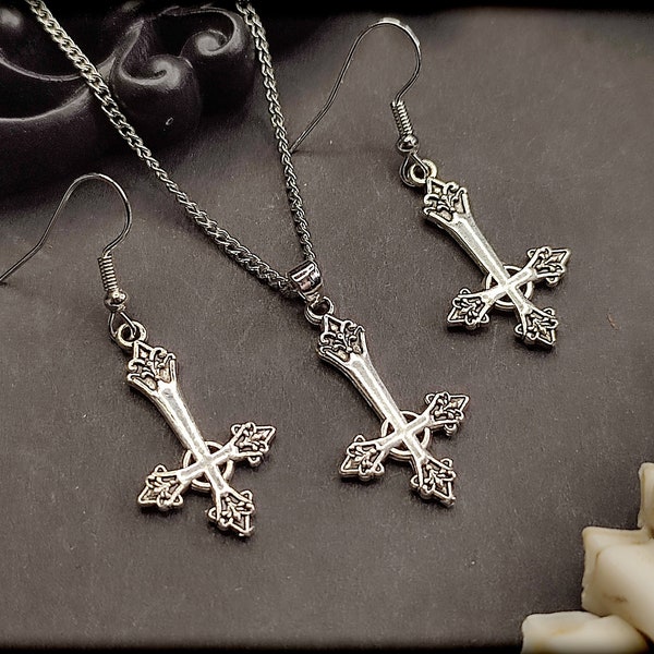 Inverted Cross Jewelry Set // St. Peter's Cross, Gothic Earrings, Gothic Necklace, Gothic Jewelry, Witch Earrings, Witch Necklace, Satanist, Occultism,