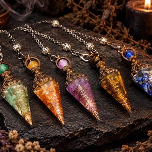 Könnte beinhalten: Fünf kegelförmige Pendel aus Harz mit eingebetteten Kristallsplittern in Grün, Orange, Violett, Gelb und Blau. Jedes Pendel verfügt über eine metallische Spiralwicklung, eine verzierte bronzefarbene Kappe und eine passende Kette mit Perlen.