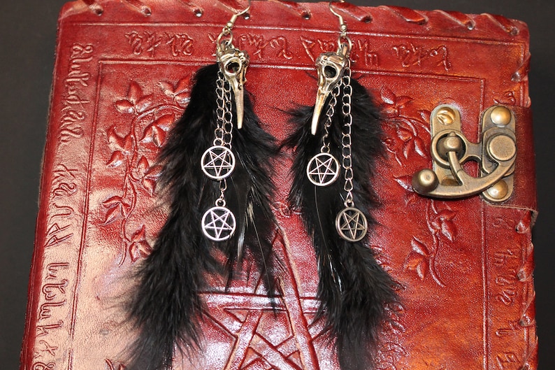 Feather Jewelry Gothic Jewelry Gothic Earrings Witch Jewelry Gothic Witch Witch Hexagon Pentagram Hexagram Wiccan Magic Spell Raven Feather Earrings