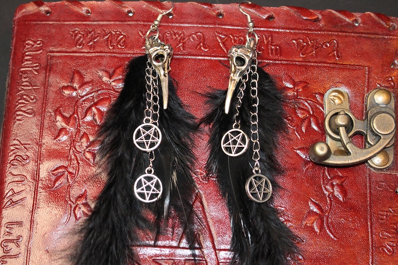 Feather Jewelry Gothic Jewelry Gothic Earrings Witch Jewelry Gothic Witch Witch Hexagon Pentagram Hexagram Wiccan Magic Spell Raven Feather Earrings