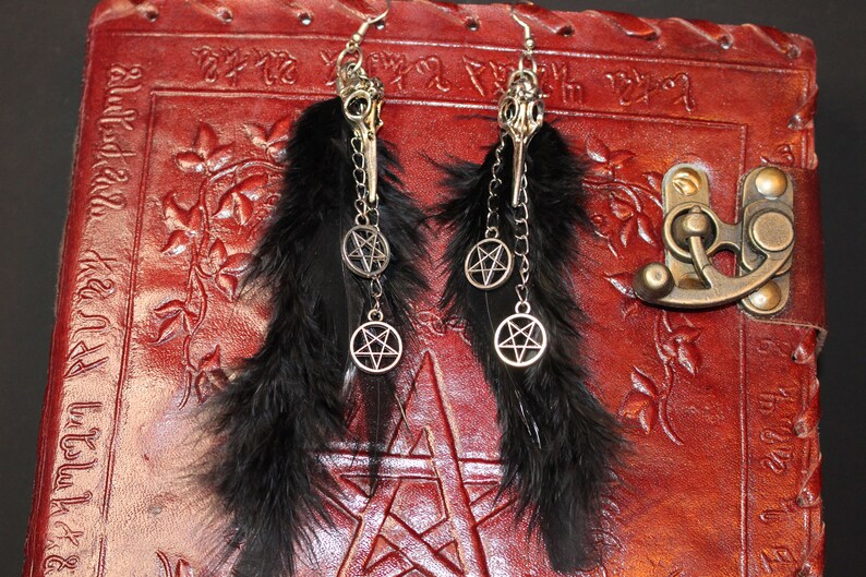 Feather Jewelry Gothic Jewelry Gothic Earrings Witch Jewelry Gothic Witch Witch Hexagon Pentagram Hexagram Wiccan Magic Spell Raven Feather Earrings
