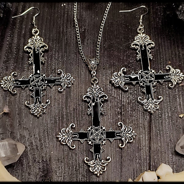 Gotisches Kreuz Schmuckset // Kreuz Halskette, Kreuz Ohrringe, Okkulter Schmuck, Hexen Schmuck, Gotik Kette, Gotik Ohrringe, Gothic Ohrringe